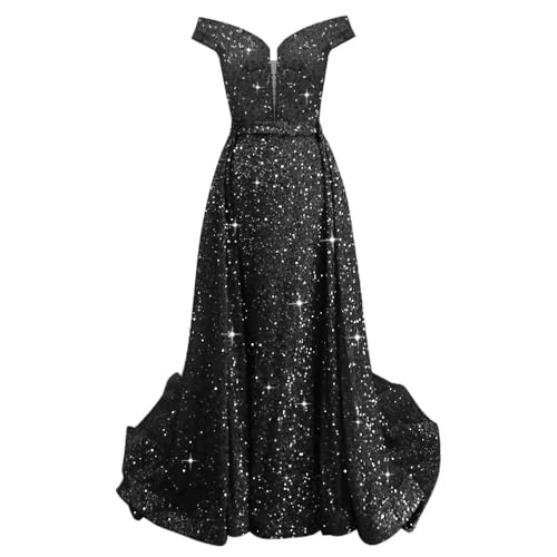 Off Shoulder Sequin Prom Dresses 2024 with Detachable Mermaid Ball Gown Sparkly Formal Dresses with Cape-Size 8, Black