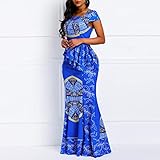 VERWIN African Dress Cap Sleeve Square Neck Floor-Length Geometric Mermaid Maxi Dress Long Dress XL Blue