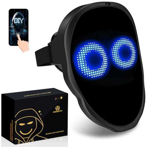 MEGOO Led Mask with Bluetooth Programmable App,Shining Led Light Up Face Mask for Adult Kid Halloween Masquerade Party (Battery)
