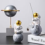 Astronaut Figurine Statue, Astronaut Fishing Star Figure Sculpture for Desktop & Tabletop Decor, Resin Spaceman Planet Desk Ornament for Outer Space Themed Bedroom Decor, Cake Topper Decoration Model