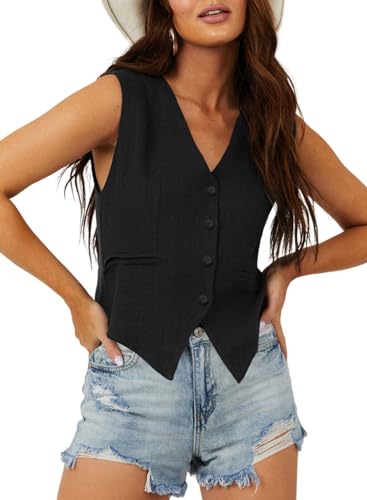 Dokotoo Women's Fashion Dressy Vest Tops V Neck Buttons Side Pockets Business Casual Vests Versatile Outerwear Suit Waistcoats Black Medium