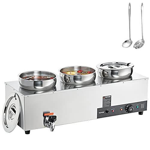 VEVOR Electric Soup Warmer, Three 7.4QT Stainless Steel Round Pot 86~185°F Adjustable Temp, 1200W Commercial Bain Marie with Anti-dry Burn and Reset Button, Soup Station for Restaurant, Buffet, Silver