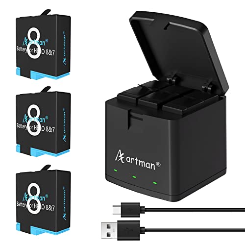 Artman Battery 1500mAh for GoPro Hero 8/7/6/5 Black and 3-Channel LED USB Charger Fully Compatible with GoPro Hero 8 Battery and Charger (3-Pack)