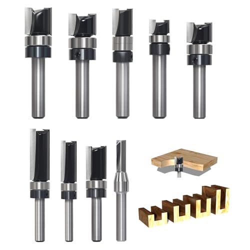 SICWOOD 9pcs Pattern Flush Trim Router Bit 1/4 Shank, Carbide Tipped Top Bearing Template Pattern Router Bit, Straight Flush Cut Router Bit, for Wood Trimming