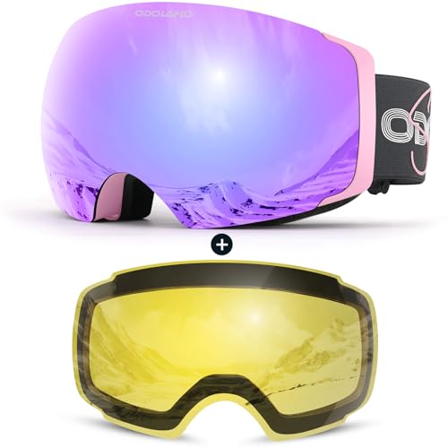 Odoland Magnetic Interchangeable Ski Goggles with 2 Lens, Large Spherical Frameless Snow Snowboard Goggles for Men Women, Pink Frame Rose Lens