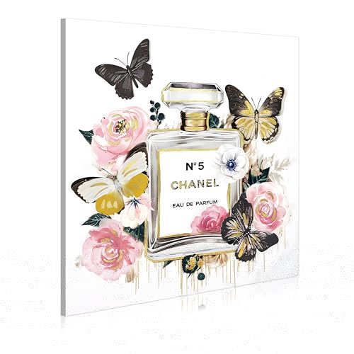 Dream Land Glam Perfume Bottle Wall Art: 20''x20'' Fashion Flowers Gold Butterfly Artwork for Makeup Room