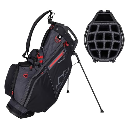 Sun Mountain 2025 C-130 Hybrid Golf Bag with 15 Full-Length Dividers and 9 Pockets for Ultimate Convenience - Lightweight Mens Golf Bag with a Cart-Friendly Base for Golf Carts - Steel Black Red