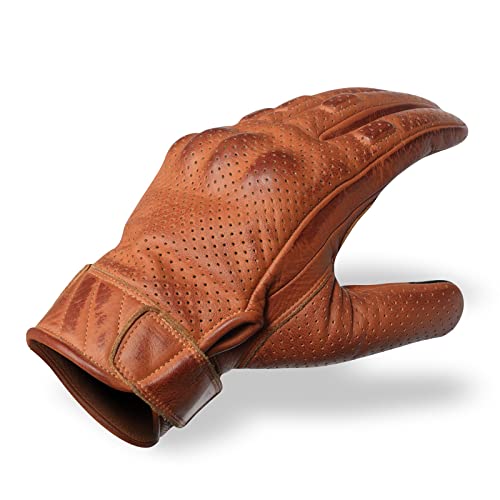 bikersgearonline Men's Premium Waxed Austin Brown Leather Perforated Motorcycle Gloves (Large)