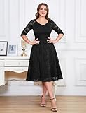 Dressystar Womens Long-Sleeve Wedding Guest Dress A-Line Lace Formal Party Cocktail Midi Dress Prom Gown Black M