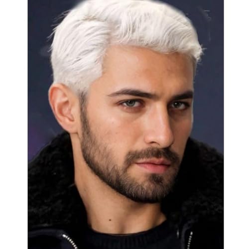 Siudus Mens White Short Wig Natural Looking Layered Hair Wig Daily Replacement Wig for Male Guy