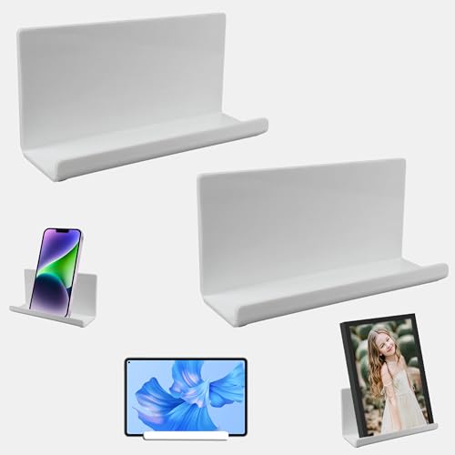 Pansyling 2pcs Adhesive Tablet Wall Mounted Phone Shelf,Minimalist Acrylic Stick On Shelves,Bedroom Floating Shelves for Tablet,eReader,Cell Phone Holder for Bathroom,Dorm Bedside Shelf(White)