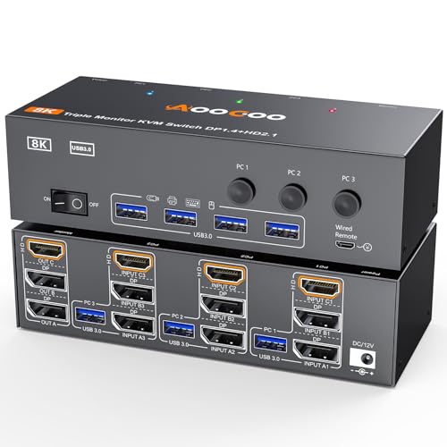 8K@60Hz HDMI Displayport KVM Switch 3 Monitors 3 Computers 4K@144Hz Triple Monitor KVM Switches with USB 3.0 Port,Wired Remote,Power Adapter and USB3.0 Cables Included(3 PC 3 Monitor 8K DP HDMI KVM)