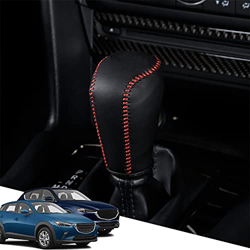 Great-luck Genuine Leather Automatic at Gear Shift Knob Cover Protector Trim,The car Interior Accessories(Red Stitches) for CX-9(2016-2021) Mazda 3(2014-2018) Mazda 6(2014-2020) CX-5(2017-2021)