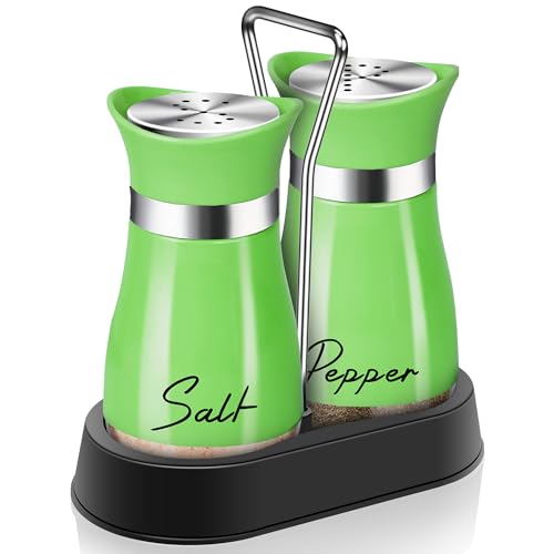 Green Salt and Pepper Shakers Set with Holder,4 oz Modern Farmhouse Kitchen Decor and Accessories for Restaurant, Wedding, Housewarming Gifts Refillable Design (Green)