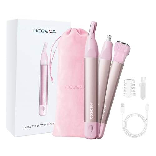 HEBECA Nose Hair Trimmer for Women 3in1 Facial Hair Removal Trimmer - Metal Body, Rechargeable, Waterproof, Portable - Nose, Ear, Eyebrow, Peach-Fuzz, Lips, Chin (Pink)