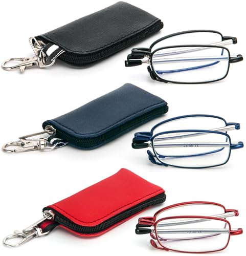 3 Pack Folding Reading Glasses with Keychain Compact Bags Women Men Blue Light Blocking Spring Hinge Portable Pocket Readers,Black Blue and Red 1.5