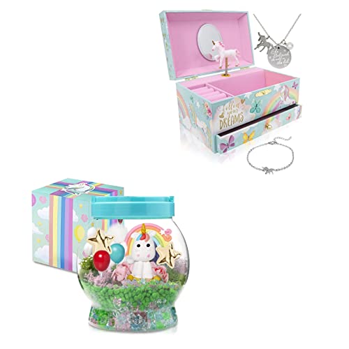 The Memory Building Company Unicorn Jewelry Box for Girls and DIY Light Up Unicorn Terrarium Kit for Kids