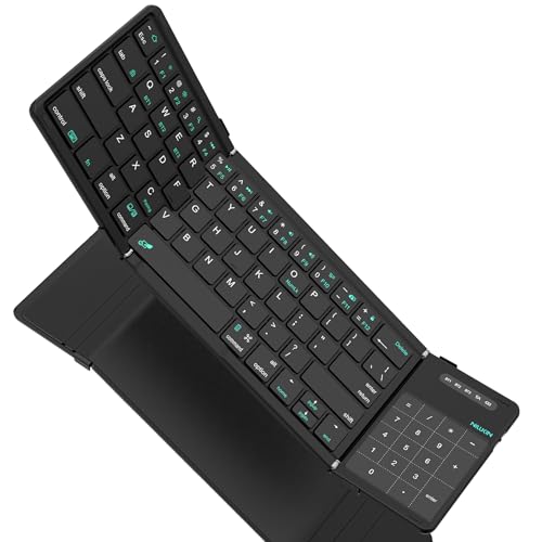 Nillkin Foldable Travel Keyborad with Touchpad & Number Pad, Bluetooth Wireless Portable Folding Full Size Keyboard with Trackpad for PC Laptop iPad Tablets Smartphone, Silicone Leather Cover, Black