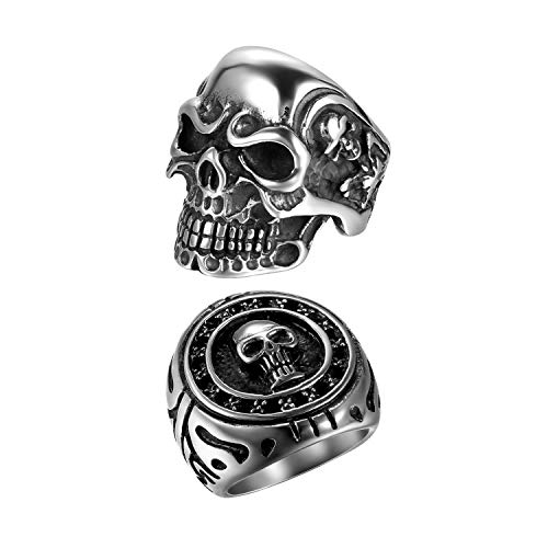 OIDEA 2Pcs Bikers Stainless Steel Gothic Skulls Ring,Black Silver, Size 8-15 (10)