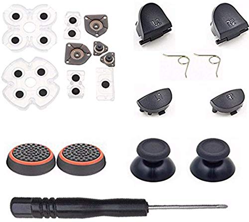 For PS4 L1 R1 L2 R2 Trigger Springs Buttons + 2 Joystick Thumb Sticks + 2 Joystick Silicone Caps + 2 Springs + 1 Screwdriver + 1 Set Silicone Conductive Rubber Pads