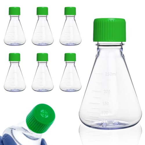 250ml Plastic Erlenmeyer Flask, 6Pcs Sterile Polycarbonate (PC) Conical Cell Culture Flask with Vent Cap for Lab Experiment Chemistry Science, Graduated, 0.22 μm PTFE, Flat Bottom
