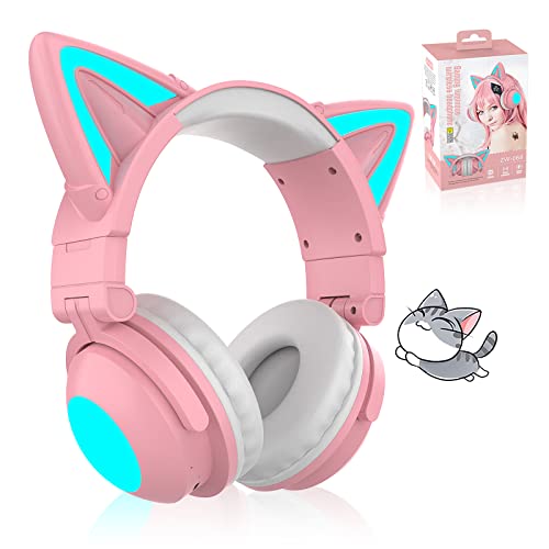 Cat Ear Bluetooth Headphones for Adult, Kids Lovely Headphones,Over Ear Wired Headphones with LED Lights,Foldable Wireless Headset with Built-in Mic,Compatible with Phone/PC/Tablet/TV(Pink)