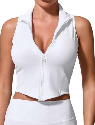 Women's Lightweight Sleeveless Vest Quick Dry Curve Hem Workout Tank Top Slim Stretch Fit Running Athletic Shirt Full Zip Up Yoga Track Vest Gym Tops White