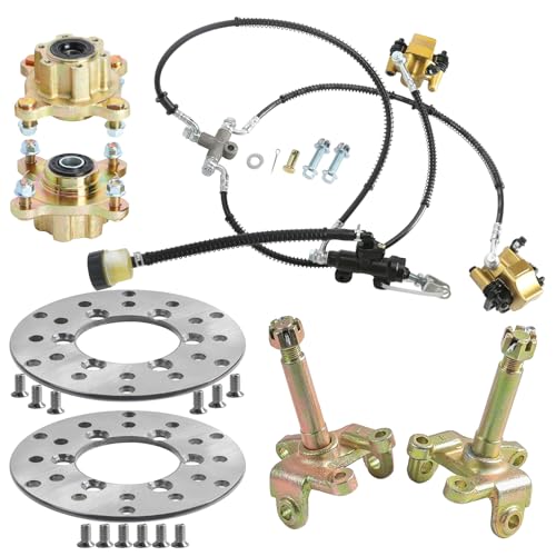 Kemblawolf Go Kart Front Hydraulic Foot Brake Twin Disc Brake Calipers Assembly for DIY UTV ATV 4 Wheeler Quad Go Kart Golf Cart Buggy 4WD - Includes Rotors, Steering Knuckles & Wheel Hubs (4 Stud)
