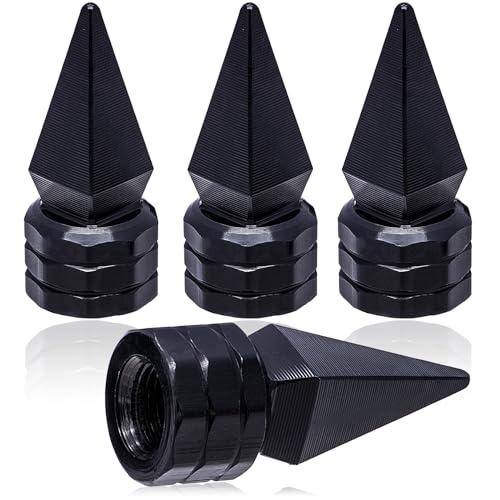 MEAJOO 4PCS Spiked Shape Tire Valve Stem Caps, Aluminum Alloy Spike Wheel Tire Valve Stem, Universal Dustproof Waterproof Air Caps for Cars, SUV, Trucks, Bikes, Motorcycles, Bicycles(Black)
