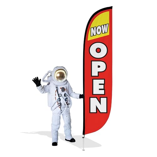 LookOurWay Feather Flag Pole Kit - 12 Feet Tall Advertising Flag Banner with Fiberglass Pole Kit and Ground Spike for Business Promotion - Grand Opening Flags - Now Open Red & Yellow (10M1200030)