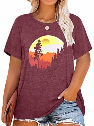 Womens Plus Size Sunset Pine Tree Tshirt Vintage Graphic Tees Camping Shirts Retro Sun Print Casual Loose Short Sleeve Tee Tops,2XL