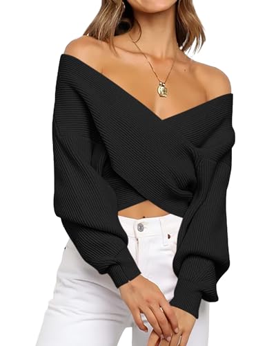 BTFBM Women Casual V Neck Long Sleeve Sweaters Cross Wrap Front Off Shoulder Asymmetric Hem Knitted Crop Solid Pullover(Solid Black, Medium)