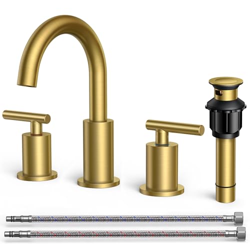FORIOUS 8 Inch Widespread Brushed Gold Bathroom Faucet 3 Hole, 2 Handle Gold Sink Faucet Bathroom Vanity with 360 Degree Swivel Spout, with Metal Pop Up Drain and cUPC Supply Line, for 6 to 12 In Sink