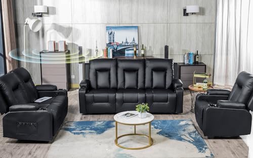 COMHOMA Living Room Furniture Set, Bonded Leather Sofa with Massage, Cup Holder Recliner Chair, 3+2+1, Black