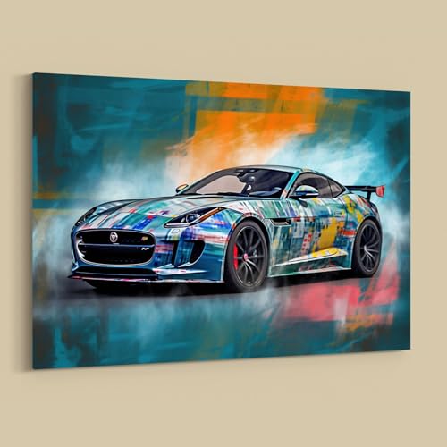 Car Canvas Framed Wall Art Sports Car in Action as Modern Picture Wall Decoration, Jaguar F-Type, 28 x 40 inches