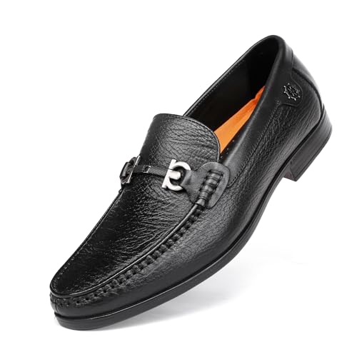 GOLDEN COXES FAMILY Black Leather Dress Shoes for Men, Casual Metal Buckle Formal Business Shoes Wedding Slip on Loafer Party Dress Shoes, 10.5