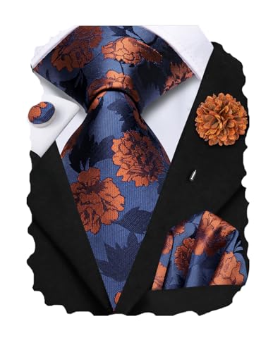 Hi-Tie Blue and Orange Ties for Men Silk Mens Tie and Flower Lapel Pin Pocket Square Cufflink Set 4PC Necktie for Wedding