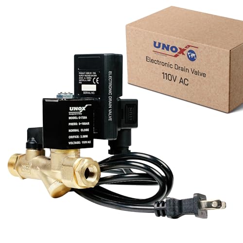 UNOX Electronic Drain Valve for Air Compressor, 1/2" NPT to 1/4" NPT 110/120V AC Automatic Timed Tank Drain Valve with 6 feet US Plug Cable - Max 235 PSI Solenoid Valve Assembled