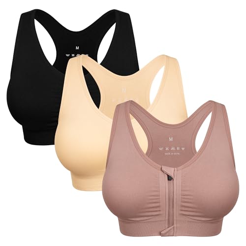 Women's Zip Front Sports Bra Wireless Post-Surgery Bra Zipper Closure Bras Padded Surgical Bra Racerback Workout Bras Active Yoga Sports Bras Zip Up Bras (Large, 3 Pack(Black+Flesh+Bean Paste), l)