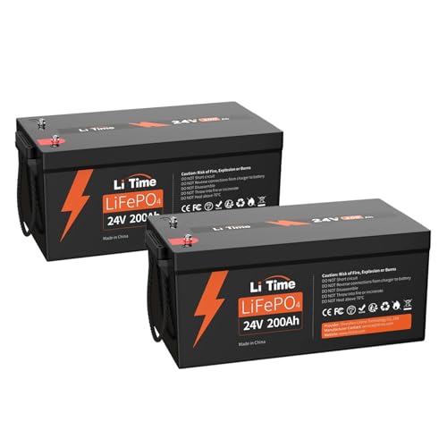 LiTime 2Pcs 24V 200Ah LiFePO4 Battery, 5120Wh Lithium Battery with Built-in 200A BMS, 4000-15000 Cycles & 10 Years Lifetime, Max. 5120W Load Power Perfect for Home Backup, RV, Camping (2 Pack)