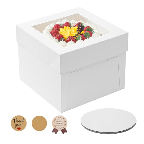 Vorfre 5 Pack Cake Boxes, 10x10x8 Inches Tall Cake Box with Cake Boards, White Bakery Boxes with Window, Disposable Cake Containers with Lids for Cake, Donuts, Pies, Cookies, Wedding, Birthday, Party