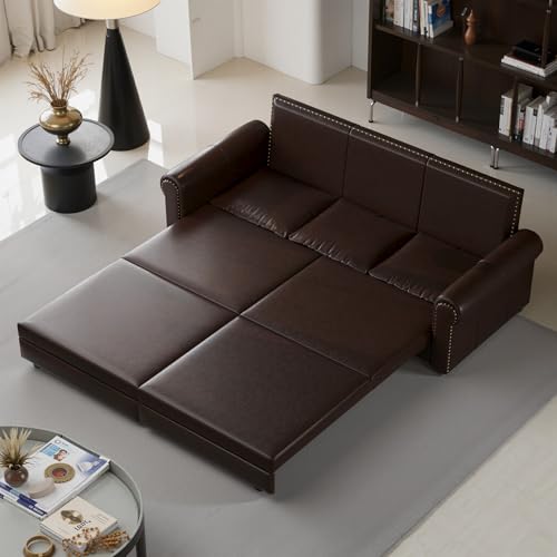LINKHOO 93.7" King Size Pull Out Sofa Bed, 3-in-1 Convertible Sleeper Sofa with Side Storage, Folding Floor Sofa Lounge Couch, Faux Leather Loveseat Bed for Living Room, Bedroom, Office, Dark Brown