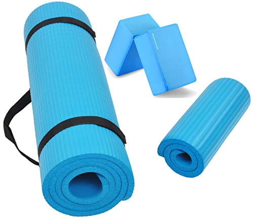 Fitvids All Purpose 1/2-Inch Extra Thick High Density Anti-Tear Exercise Yoga Mat and Knee Pad with Carrying Strap and Yoga Blocks, Blue