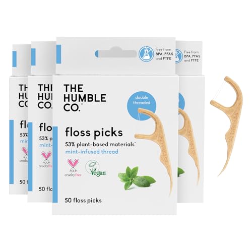 The Humble Co. Floss Picks (200 Count) – Plant Based Dental Floss Picks for Superior Oral Care, Dental Hygiene, and Gum Health, Cruelty Free Tooth Floss Picks (Mint, Double Thread)