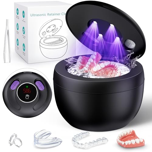 Upgraded Ultrasonic Retainer Cleaner Machine, 45kHz Ultrasonic Dentures Cleaner for Night Guards, Braces, Aligner, Toothbrush, Jewelry and More, 200ML Capacity, Black