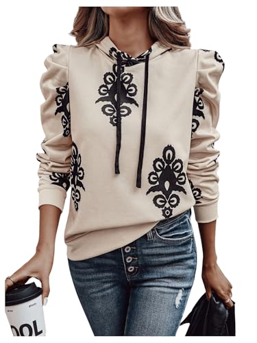 SweatyRocks Women's Graphic Hoodie Puff Long Sleeve Drawstring Hooded Casual Sweatshirt Apricot Small