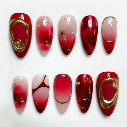 Rchovsam Red Press on Nails Short Almond False Nails 3D Gold Stars Pearls Designs Fake Nails Press Ons Summer Red Stick on Nails Full Cover Glossy Artificial Nails Gift for Women 24pcs