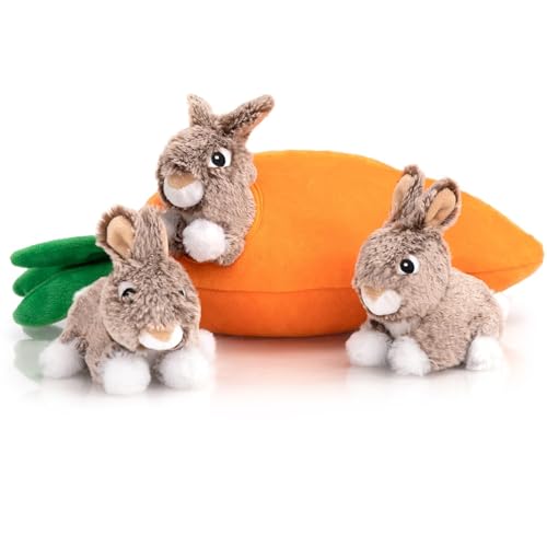 Hollypet Hide and Seek Squeaky Dog Toy, Designed Interactive Puzzle Plush Stuffed Puppy Toy, Rabbit and Carrot