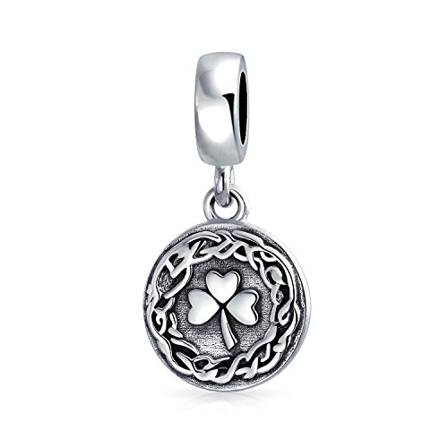 Round Disc Good Luck Celtic Knot Lucky Leaf Shamrock Irish Clover Dangle Bead Charm For Women Teen Oxidized .925 Sterling Silver Fits European Bracelet