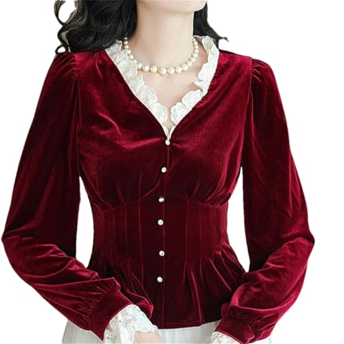 Women's Velour Shirt Spliced ​​Lace Single-Breasted T-Shirt Retro V-Neck Top red S